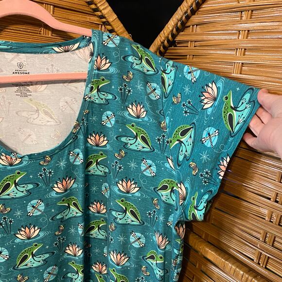 Princess Awesome Frog Pond Dress 32-34 Teal Lotus Frog Print Pockets plus size - Picture 3 of 9